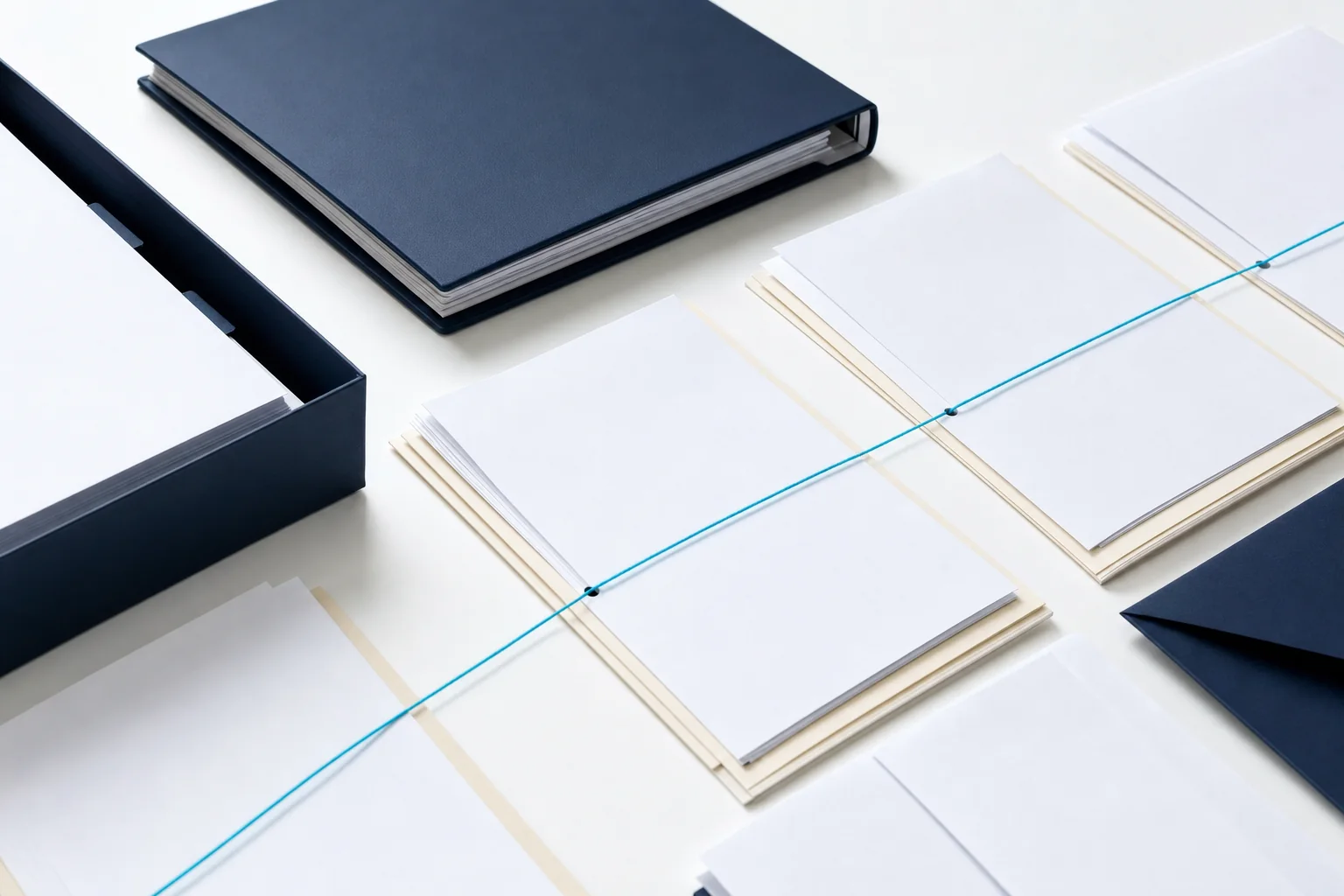 A navy binder and blank archival documents connected by a thin cyan line to represent a documented chain of title.