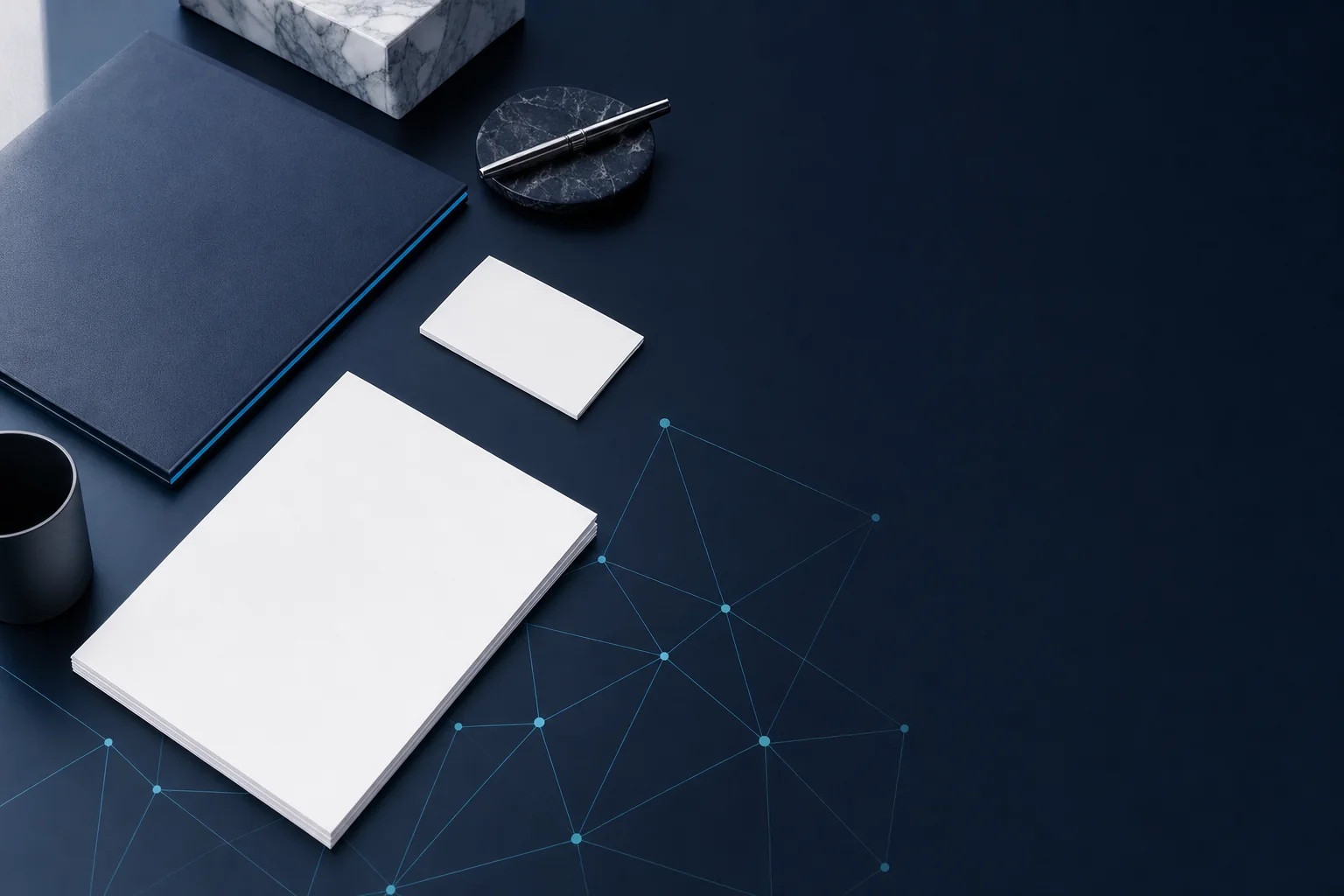 A navy deal desk with blank portfolio folders, papers, and fine cyan connection lines.