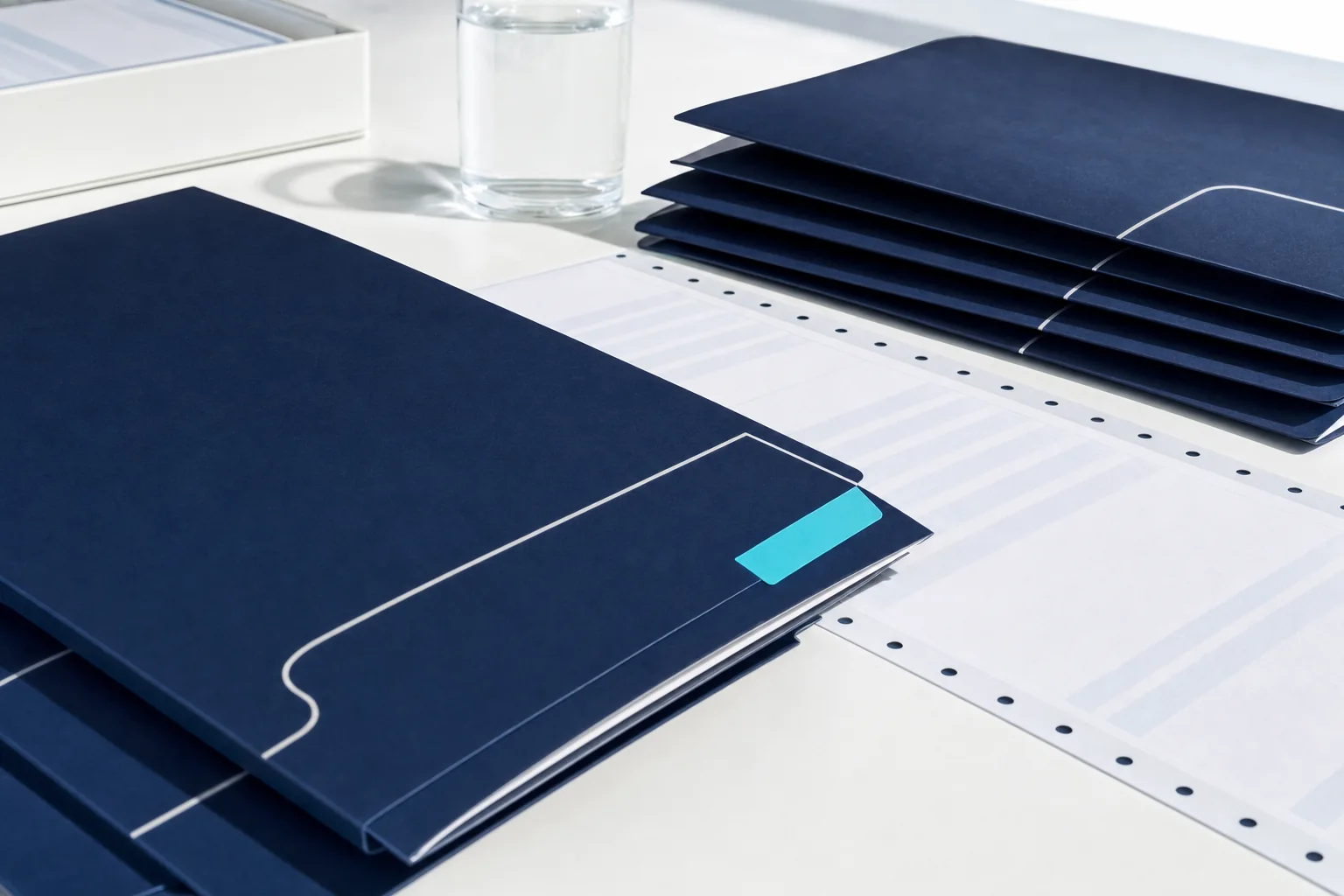 Unmarked navy portfolio folders and a blank data tape arranged on a bright white desk.